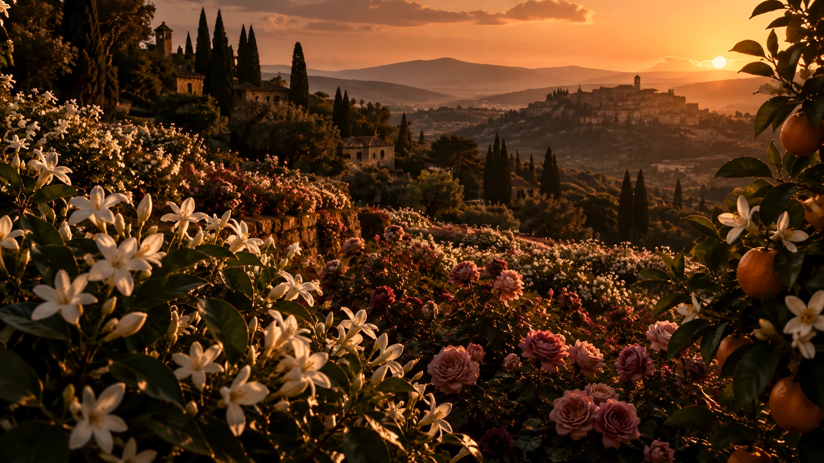 Coucher de soleil sur Grasse, jardins de fleurs blanches et roses au premier plan, village au loin