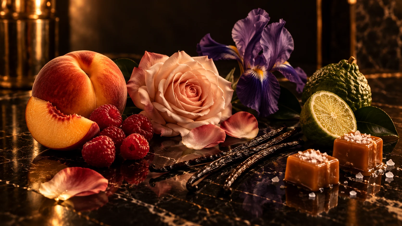 Sélection des senteurs : fleurs, fruits et matières premières réunis pour la composition d'un parfum