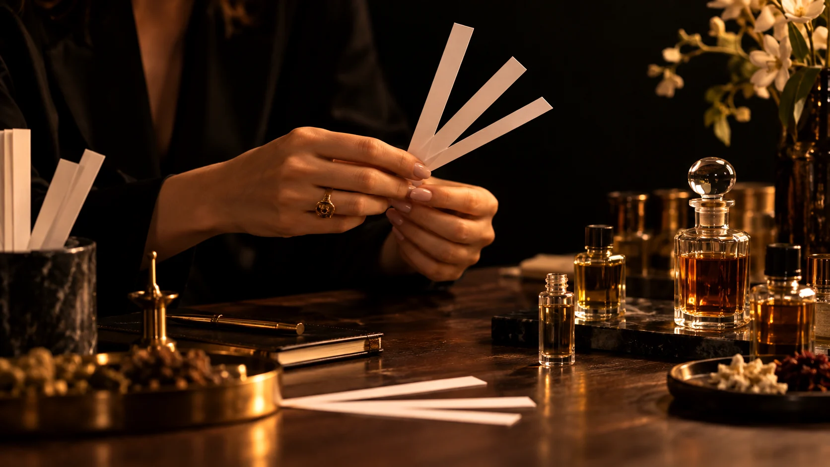 Séance de tests olfactifs : une main présente des mouillettes en éventail devant des flacons de parfum